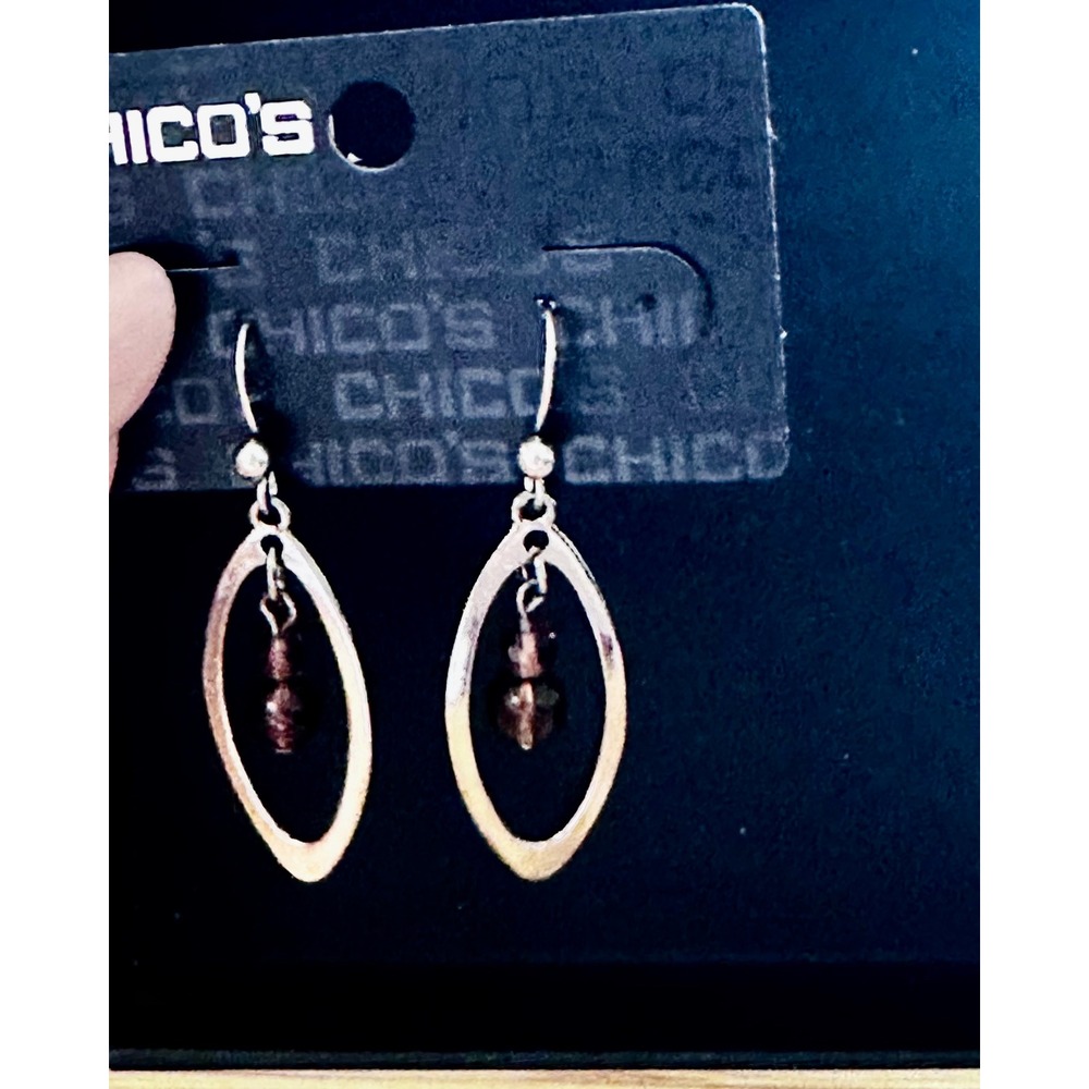 Chicos Lilybelle Silver Tone Oval Hoop Smoky Brown Beaded Drop Earrings NEW - Picture 6 of 8